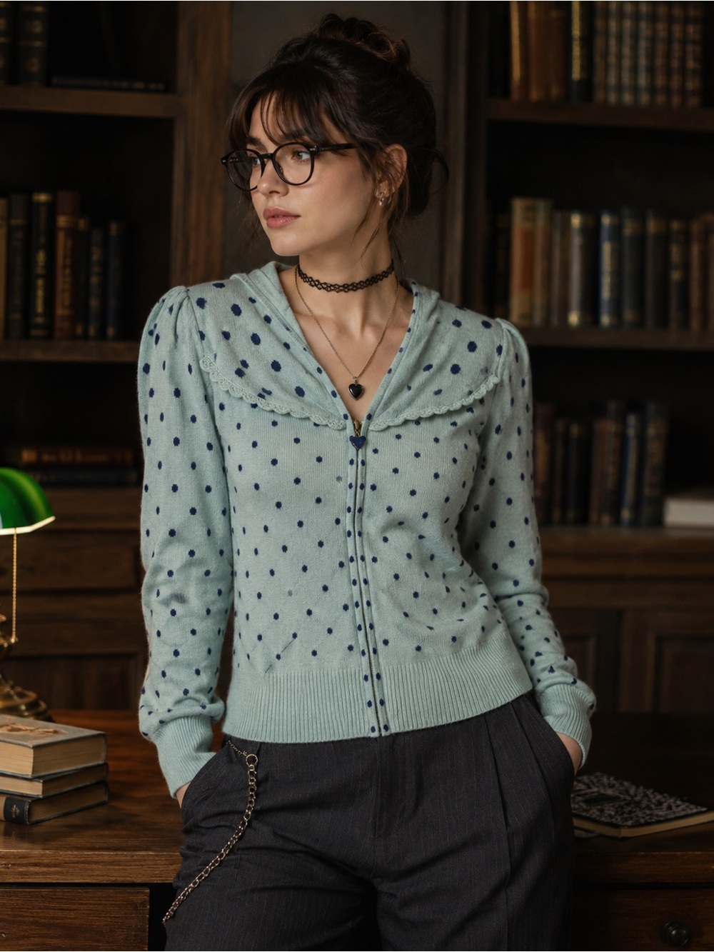 Moth | Vintage Polka Dot Hooded Zip Sweater | Wool Angora Cashmere | Blue | XL